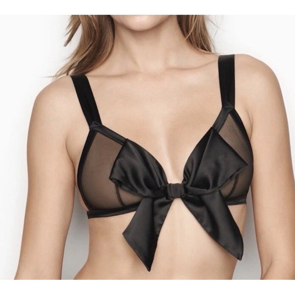 NWT VICTORIA'S SECRET Luxe Dream Angels Mesh Sheer Bow Bralette Bra Black Sz S